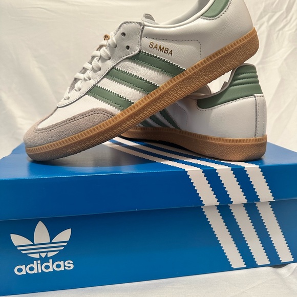 adidas Shoes - adidas Samba White Sneakers with Green Stripes and Gum Sole